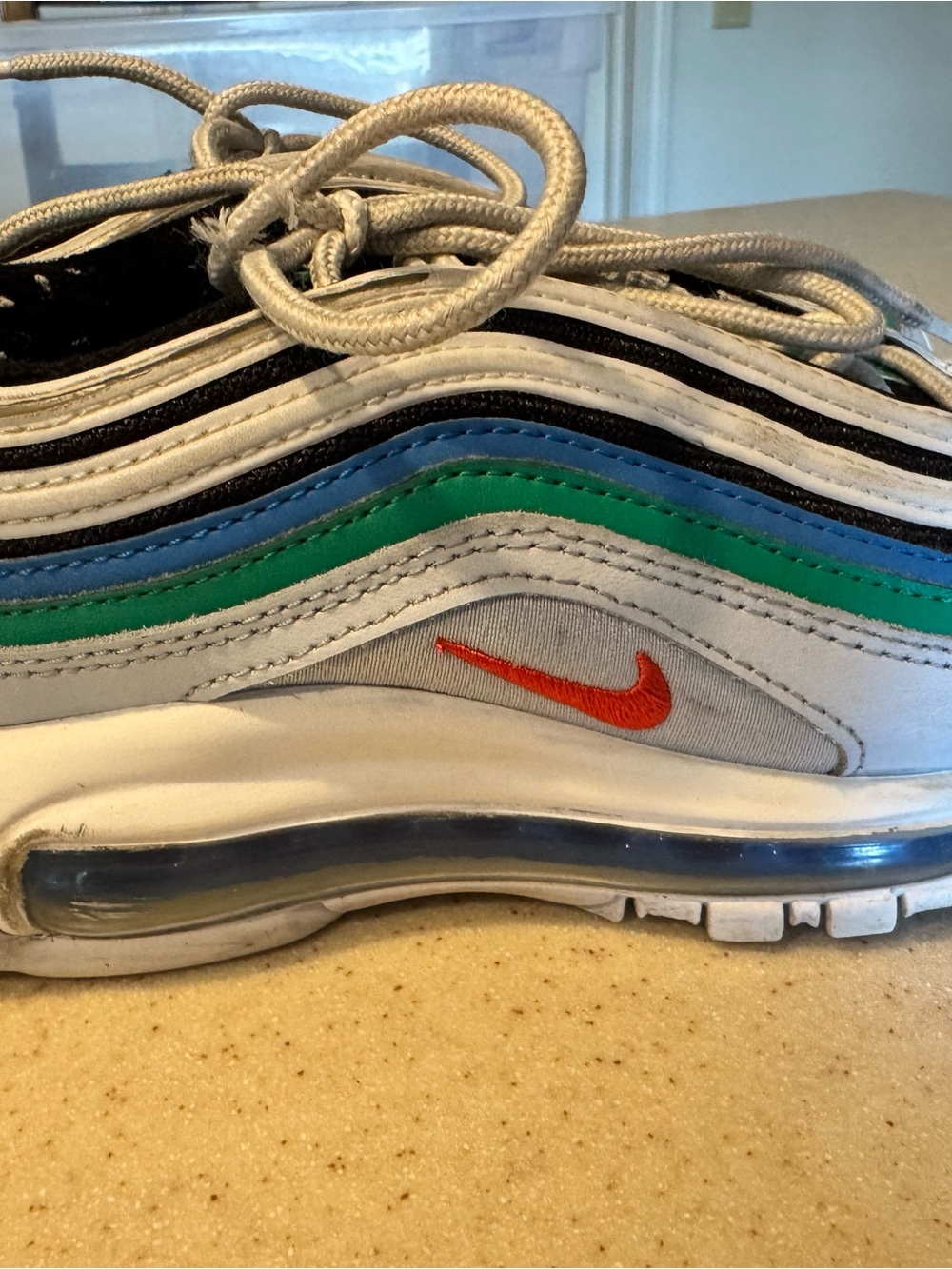 Nike Air Max 97 - White with Green, Blue & Orange Accents